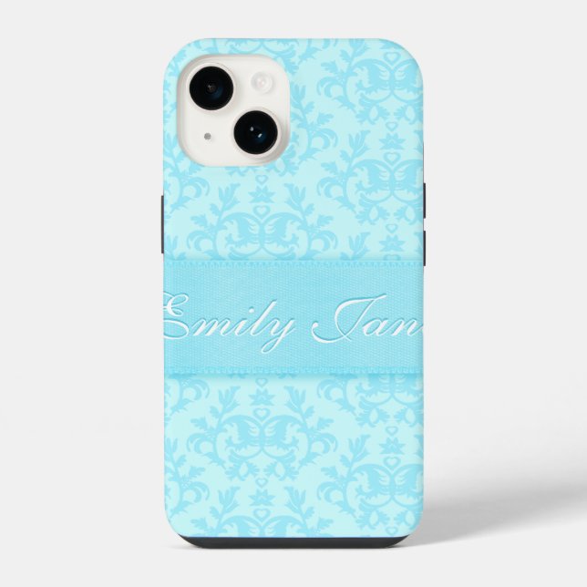 Damask light blue custom name ribbon iPhone case (Back)
