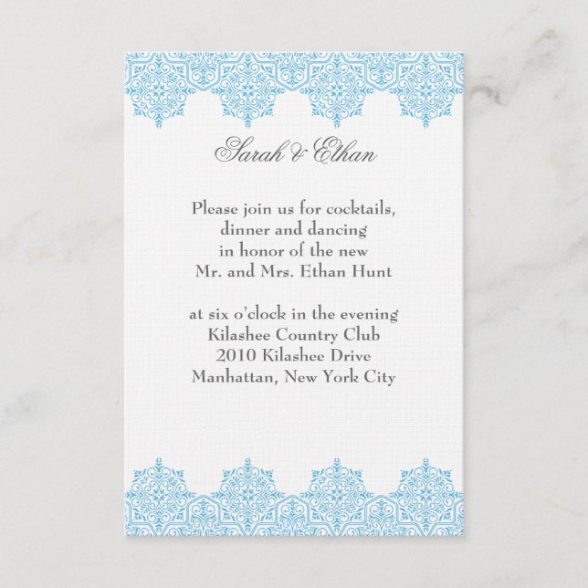 Damask light blue Wedding Reception Cards (Front)