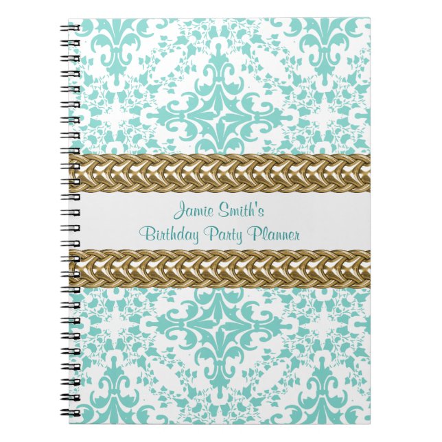 Damask Lt Blue White Gold Birthday Planner Notebook (Front)