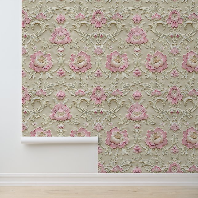 Damask luxury beige texture pink rose blossom wallpaper (Application)