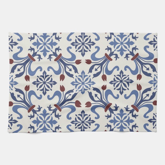 Damask Majolica Pottery Tile Design Kitchen Towel (Horizontal)