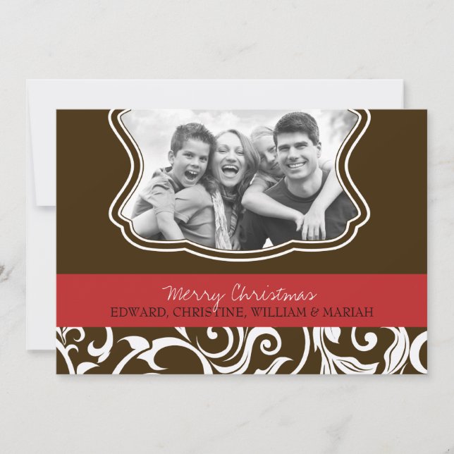 Damask Merry Christmas Family Photo Holiday Card (Front)