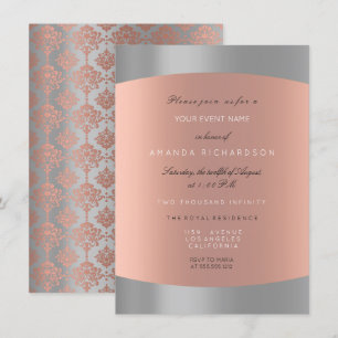 Damask Minimal Grey Rose Gold Elegant Royal Invitation