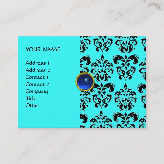 DAMASK MON RUBY bright blue grey gold Business Card (Front)
