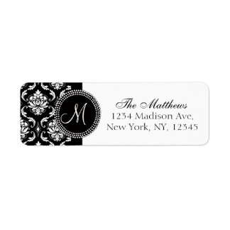 Damask Monogram Address Label Black White