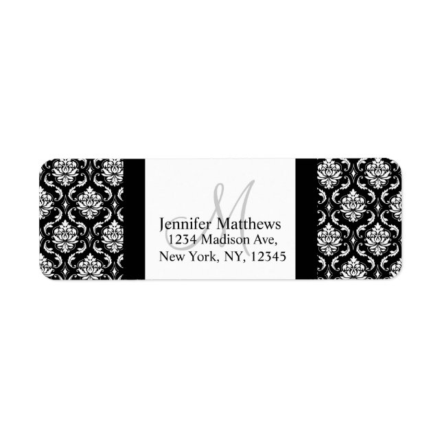 Damask Monogram Address Labels Black and White (Front)
