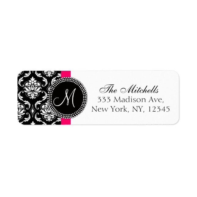 Damask Monogram Address Labels Black White (Front)