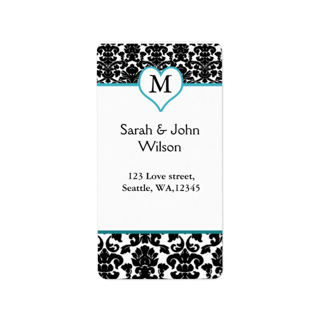 damask monogram aqua ,return address label (Front)