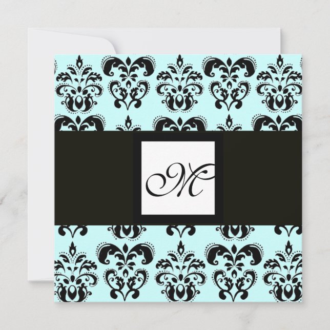 DAMASK MONOGRAM,black and white,blue Invitation (Front)
