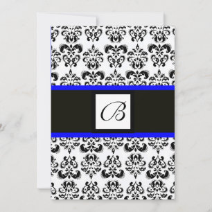 DAMASK MONOGRAM,black and white,blue Invitation