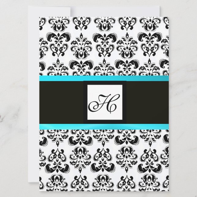 DAMASK MONOGRAM,black and white,blue turquase Invitation (Front)