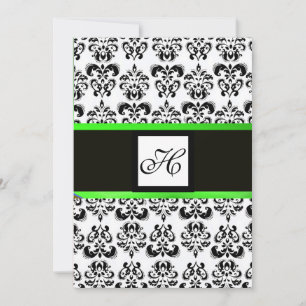 DAMASK MONOGRAM,black and white, emerald green Invitation
