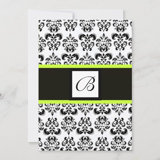 DAMASK MONOGRAM,black and white,green yellow Invitation (Front)