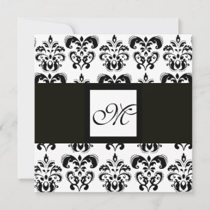 DAMASK MONOGRAM,black and white Invitation