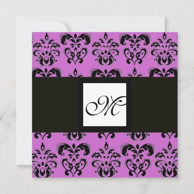DAMASK MONOGRAM,black and white,purple Invitation (Front)