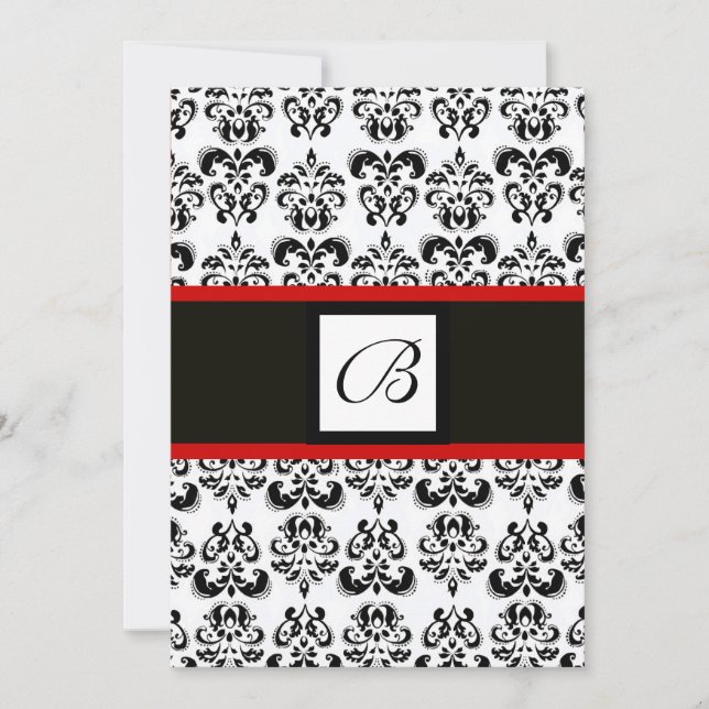 DAMASK MONOGRAM,black and white,red Invitation (Front)