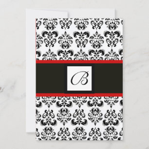 DAMASK MONOGRAM,black and white,red Invitation