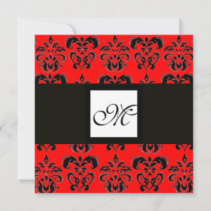 DAMASK MONOGRAM,black and white, red Invitation
