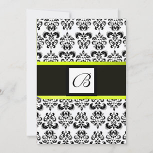 DAMASK MONOGRAM,black and white,yellow Invitation