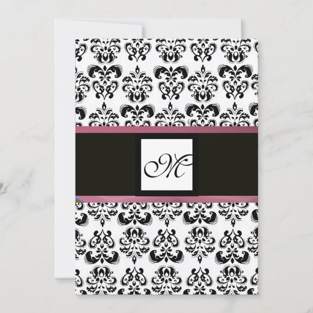 DAMASK MONOGRAM,black white, pink purple violet Invitation (Front)
