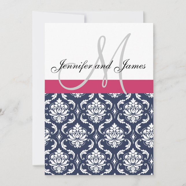 Damask Monogram Blue Pink White Wedding Invitation (Front)