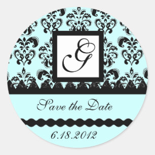 DAMASK MONOGRAM, blue turquase Classic Round Sticker