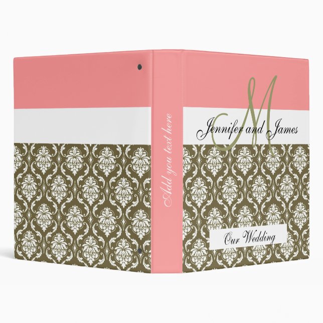 Damask Monogram Coral Sage Wedding Planning Binder (Background)