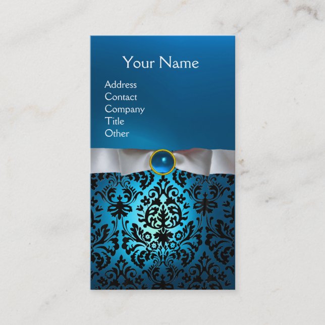 DAMASK MONOGRAM gem blue white ribbon Business Card (Front)