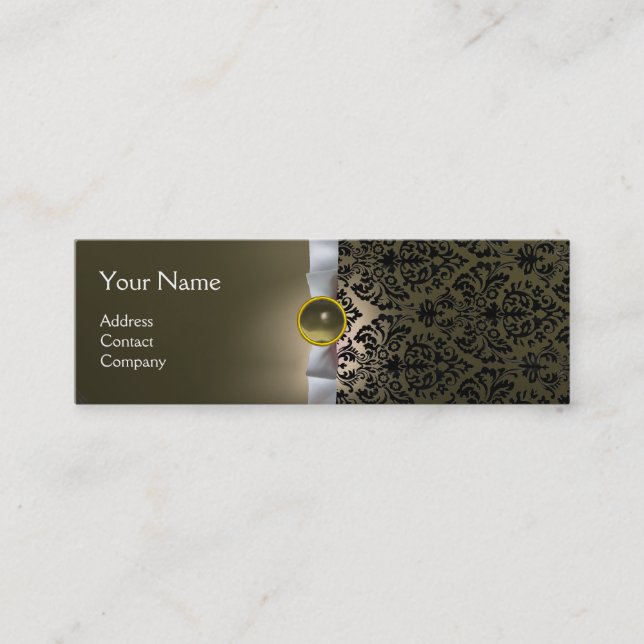 DAMASK MONOGRAM gem ribbon white grey Mini Business Card (Front)