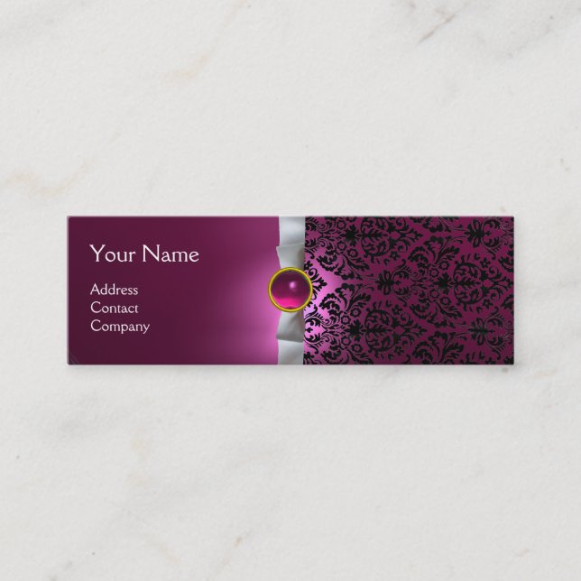 DAMASK MONOGRAM gem ribbon white pink Mini Business Card (Front)