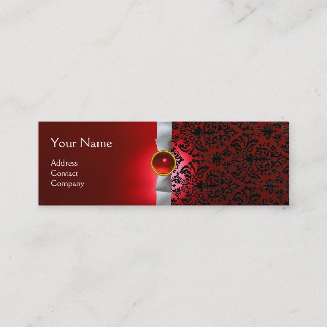 DAMASK MONOGRAM gem ribbon white red Mini Business Card (Front)
