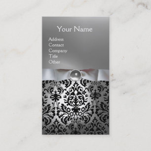 DAMASK MONOGRAM gem white ribbon black Business Card