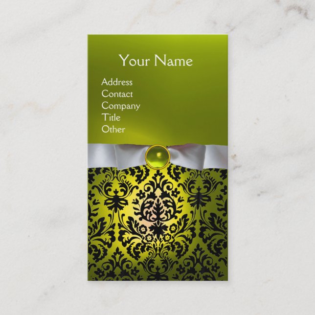DAMASK MONOGRAM gem yellow  white ribbon Business Card (Front)