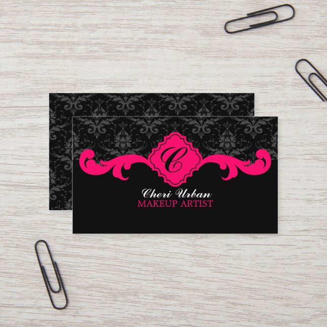 Damask Monogram Hot Pink Business Card (Front/Back In Situ)