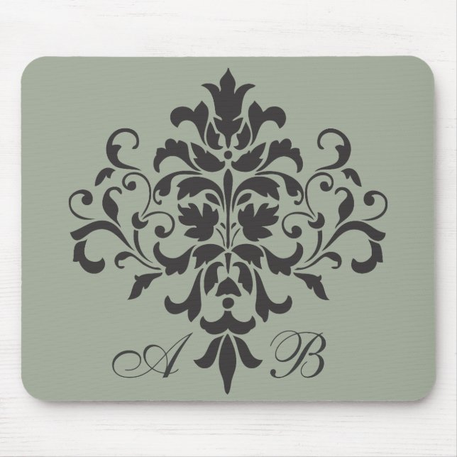 Damask Monogram in Elegant Grey or Grey Mouse Pad (Front)