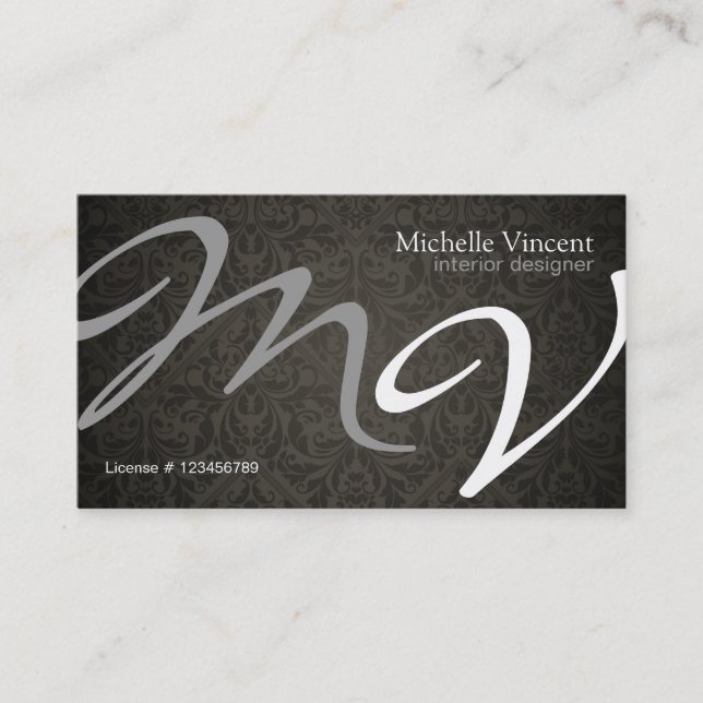 Damask Monogram Interior Design Business Card (Front)