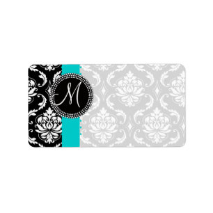 Damask Monogram Labels with Blue Stripe Dots