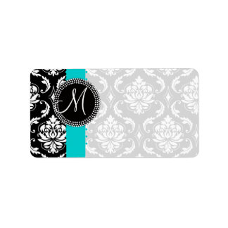 Damask Monogram Labels with Blue Stripe Dots