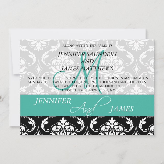 Damask Monogram Names Turquoise Wedding Invitation (Front)