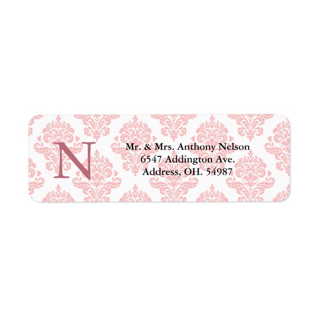 Damask Monogram Pastel Rose Adresse de retour (Devant)