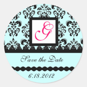 DAMASK MONOGRAM,pink fuchsia blue Classic Round Sticker