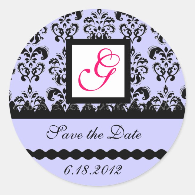 DAMASK MONOGRAM,pink fuchsia blue Classic Round Sticker (Front)