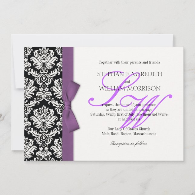 Damask Monogram Purple Bow Wedding Invitation (Front)