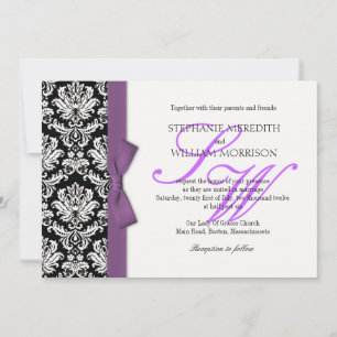 Damask Monogram Purple Bow Wedding Invitation