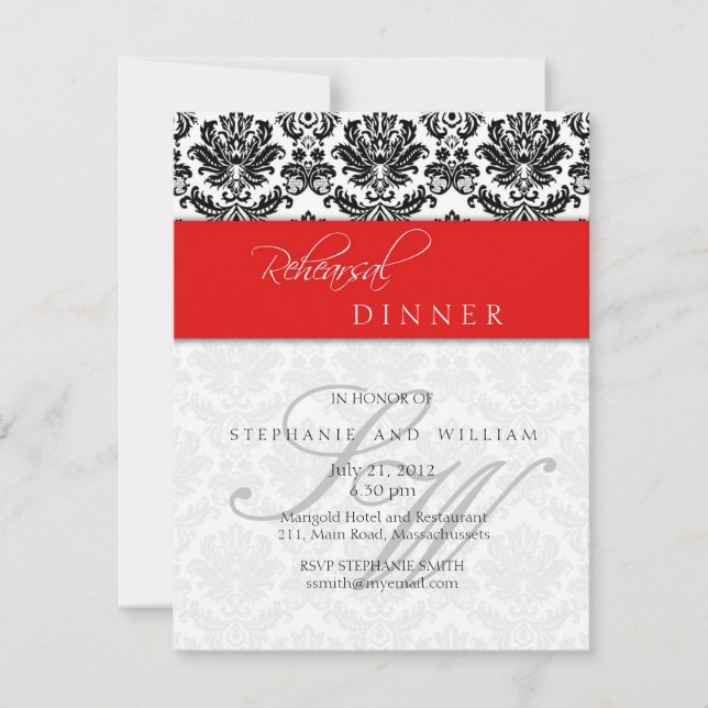 Damask Monogram Rehearsal Dinner Card in Red (Front)
