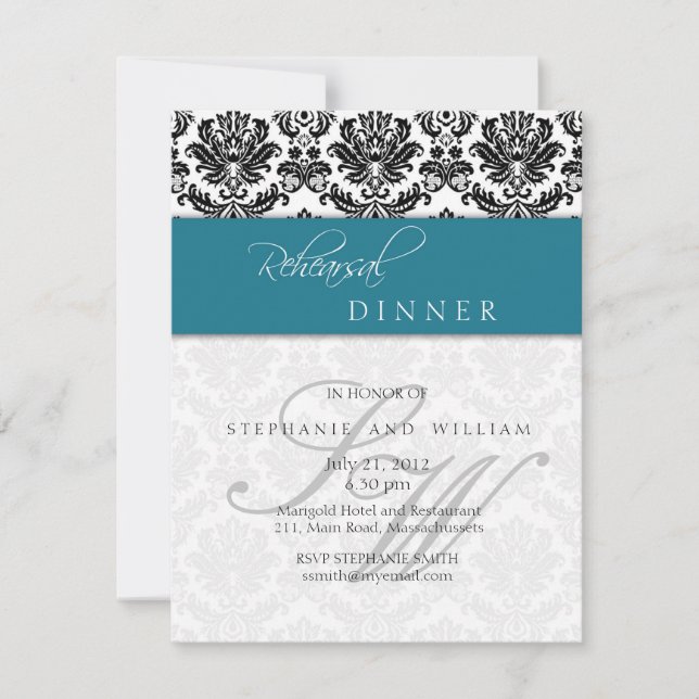 Damask Monogram Rehearsal Dinner Card in Teal (Front)
