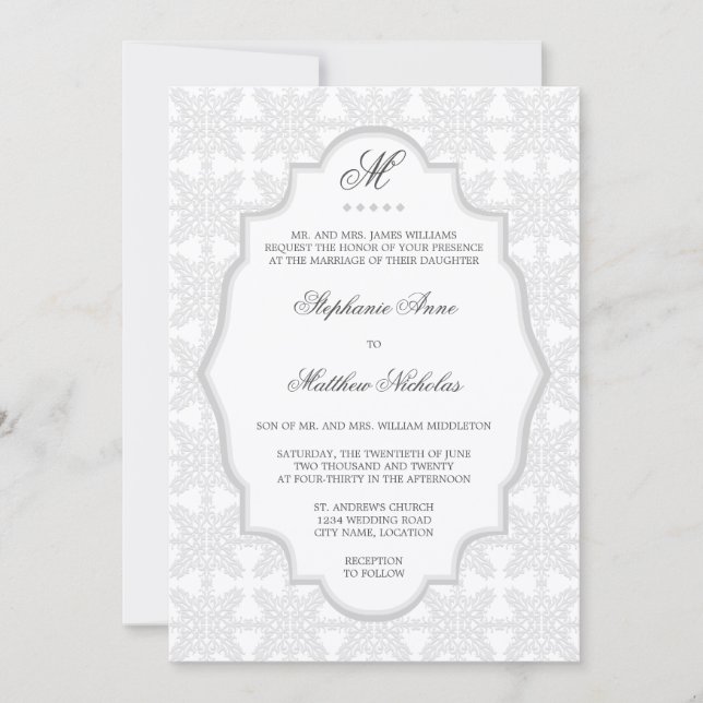 Damask Monogram Silver Grey Faire-part de mariage (Devant)