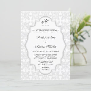 Damask Monogram Silver Grey Wedding Invitation