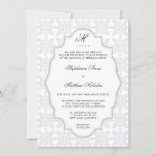 Damask Monogram Silver Grey Wedding Invitation