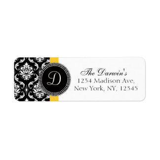 Damask Monogram Wedding Address Labels Yellow